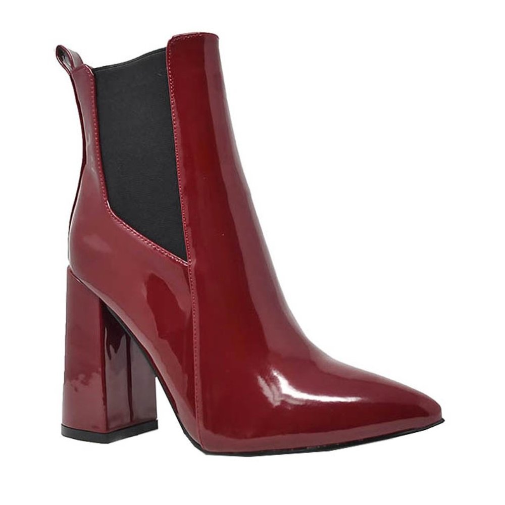 WOMEN'S STACKED CHUNKY HEEL BOOTS BURGUNDY - Picture 1 of 1